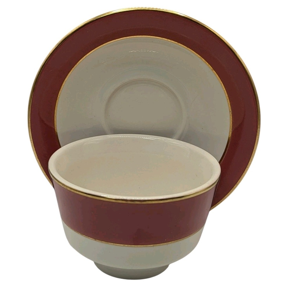 Vintage Homer Laughlin Custard Cup and Saucer Pink Stripe‎ Best China 1987 SEE